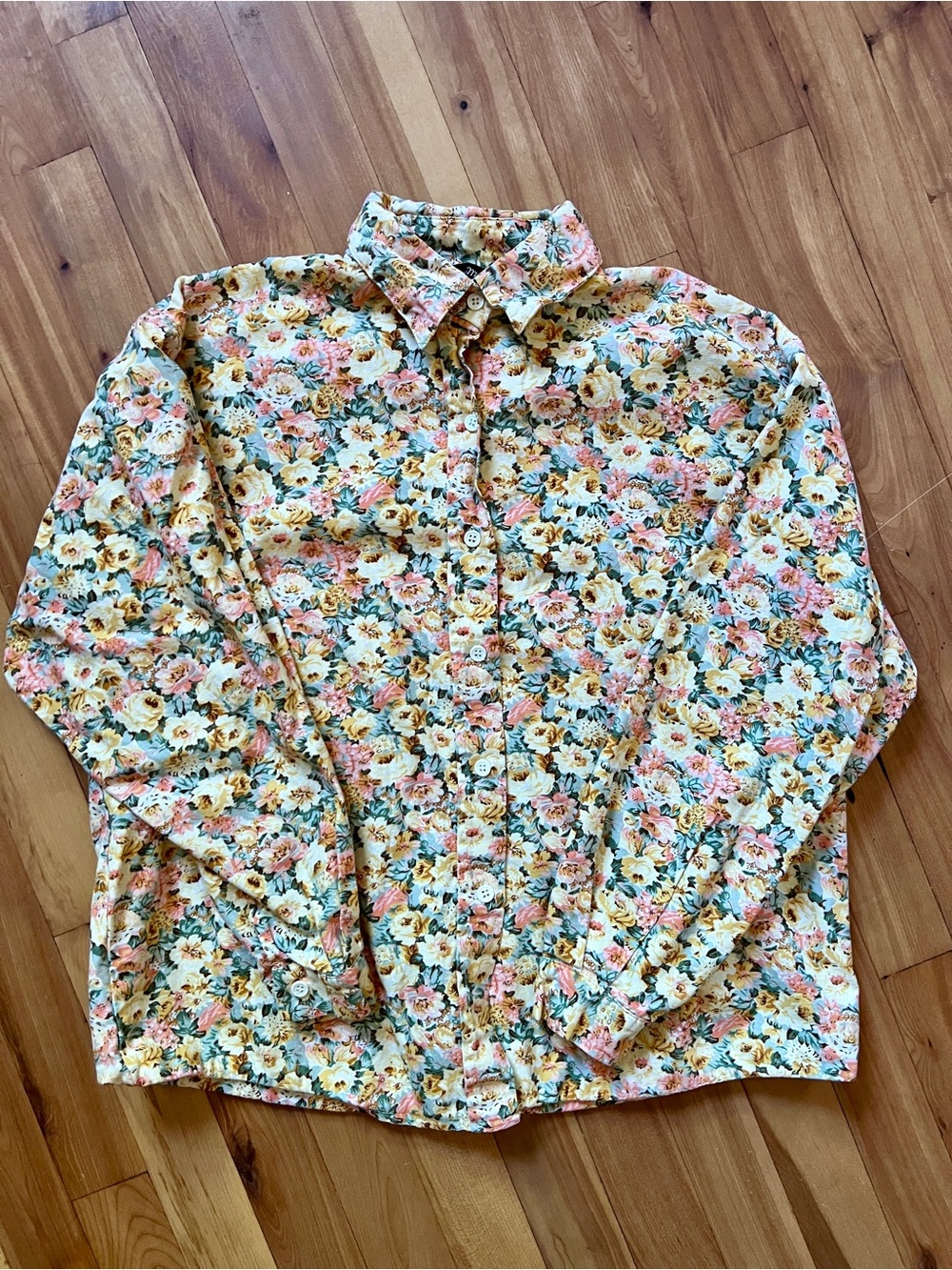 Vintage Floral Button-Up Shirt in Yellow, Pink & Green